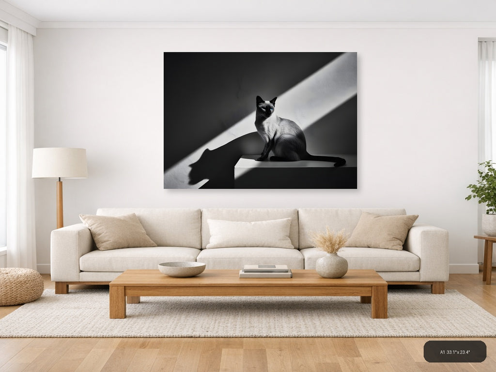 Siamese Cat in Sunlight - Black White Photography Wall Art — A1 / Living Room