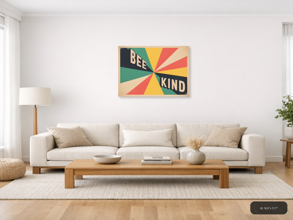 Vintage Retro 'Bee Kind' Sunburst Typography Wall Art — A3 / Living Room