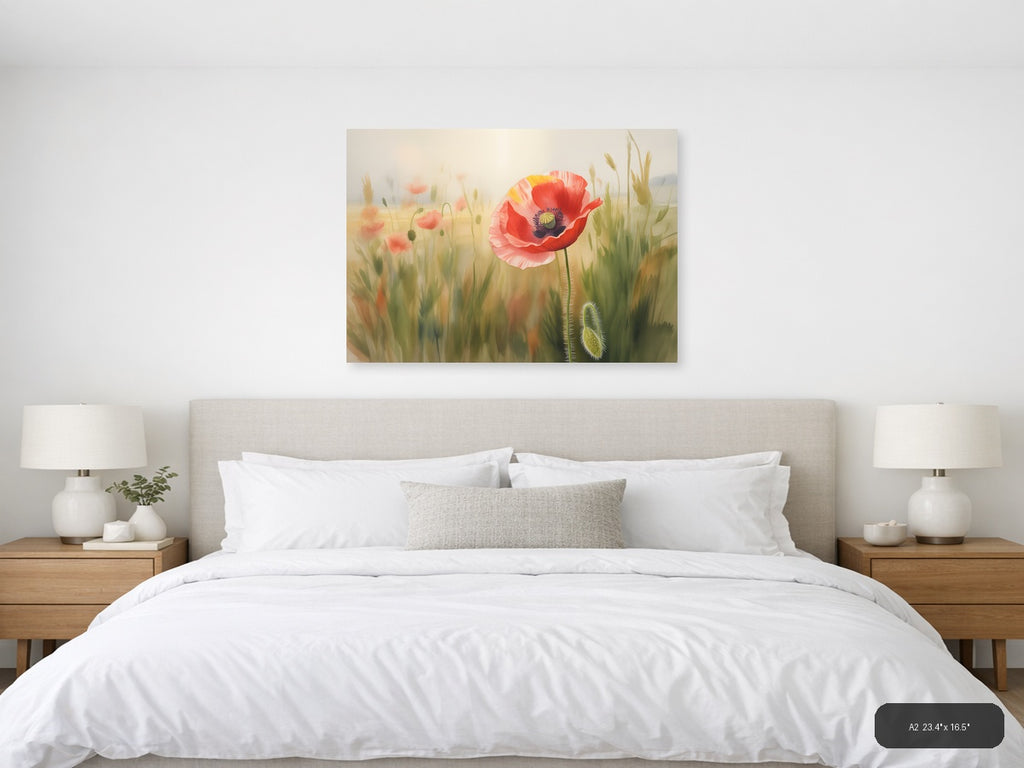 Red Poppy Wildflower Watercolor Landscape Wall Art — A2 / Bedroom