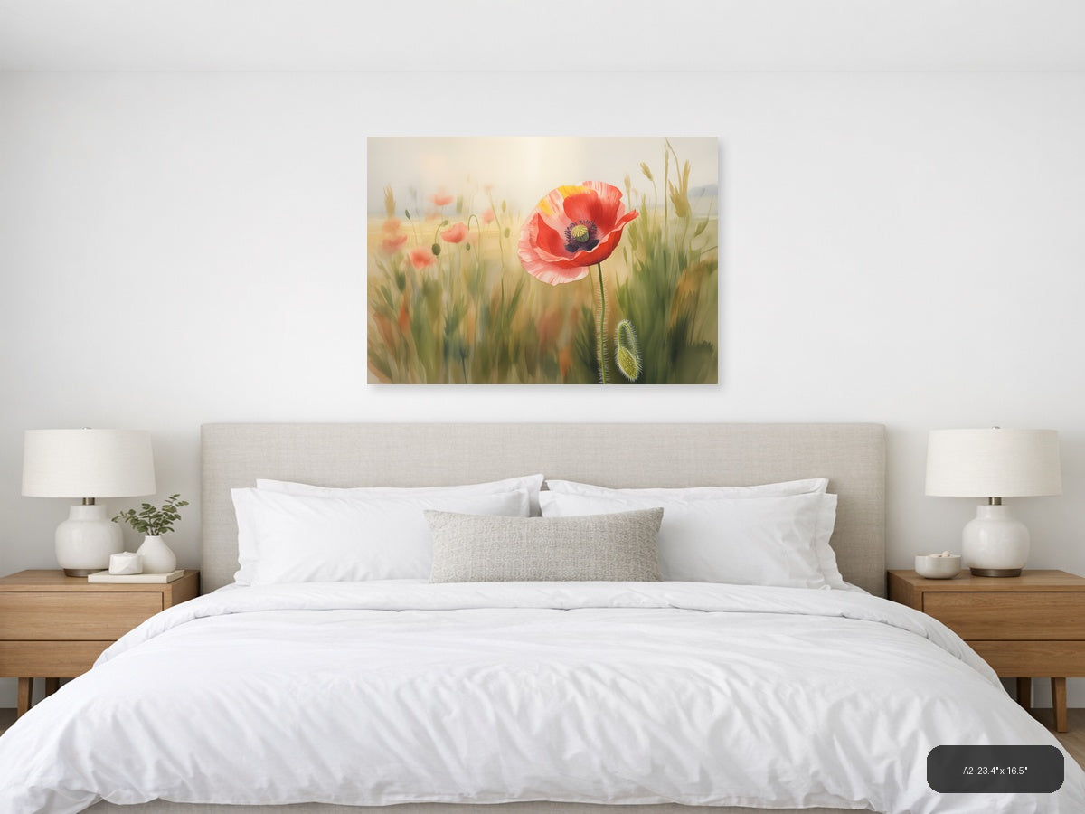 Red Poppy Wildflower Watercolor Landscape Wall Art — A2 / Bedroom