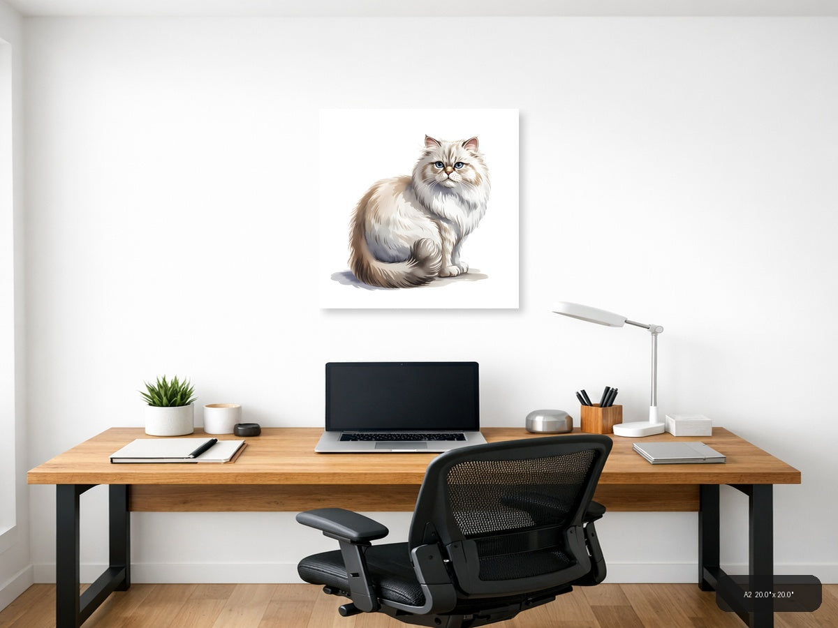 Fluffy White Cat with Blue Eyes Minimalist Wall Art — A2 / Office