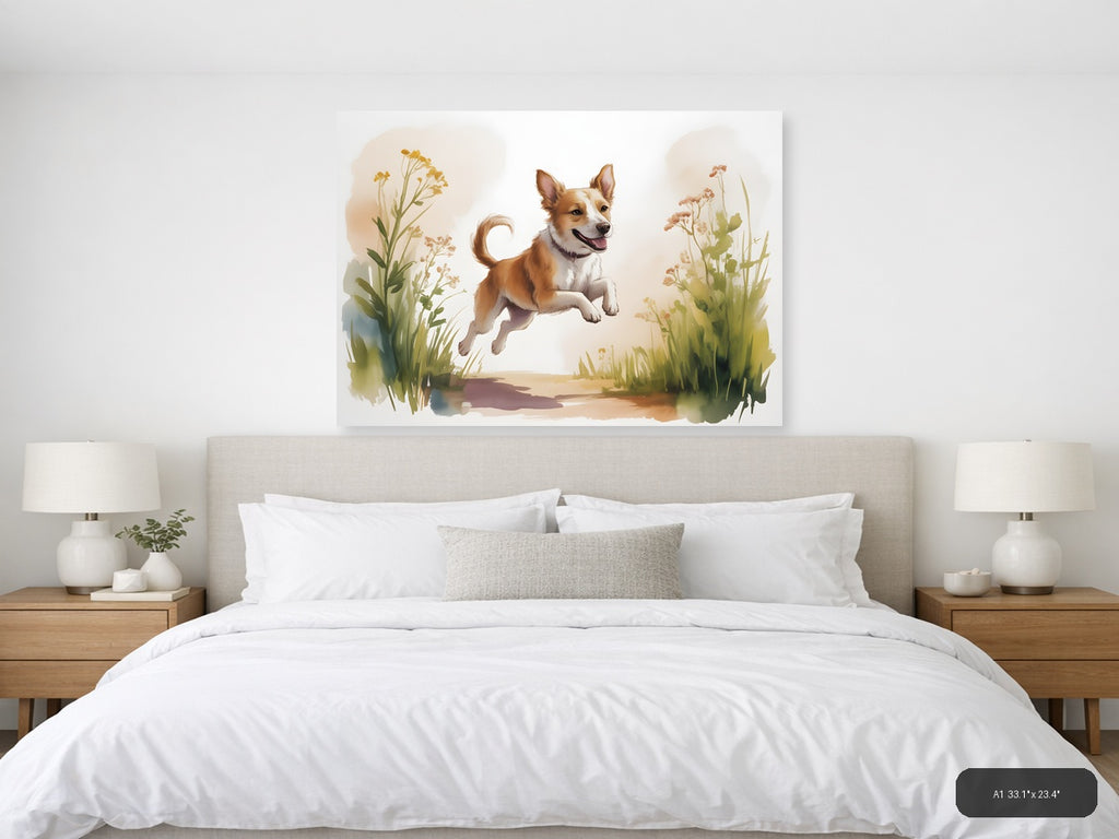 Happy Dog Jumping in Wildflowers Watercolor Wall Art — A1 / Bedroom
