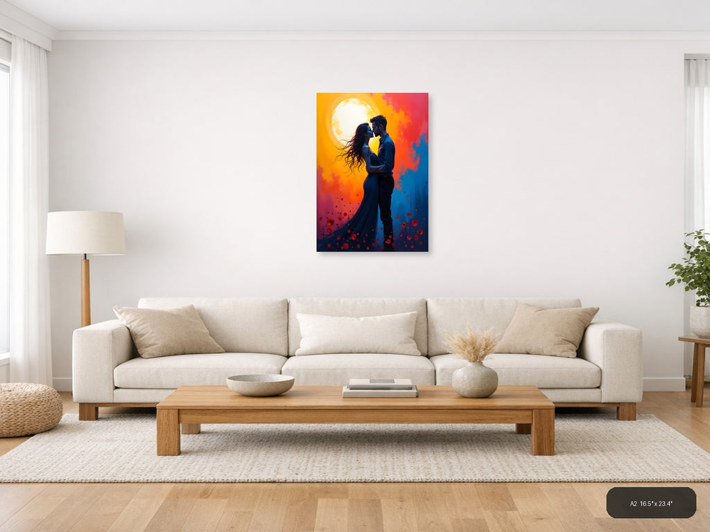 Romantic Couple Moon Silhouette Abstract Wall Art — A2 / Living Room