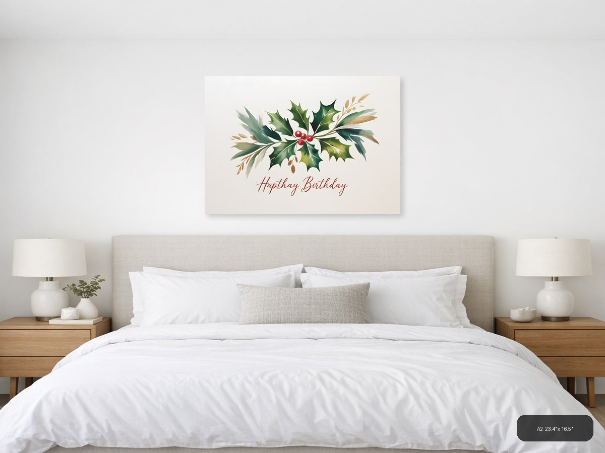 Hapthay Birthday Holly Watercolor Landscape Wall Art — A2 / Bedroom
