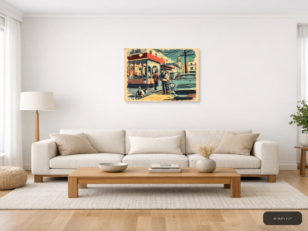 Vintage Café Street Scene with Retro Car Wall Art — A3 / Living Room