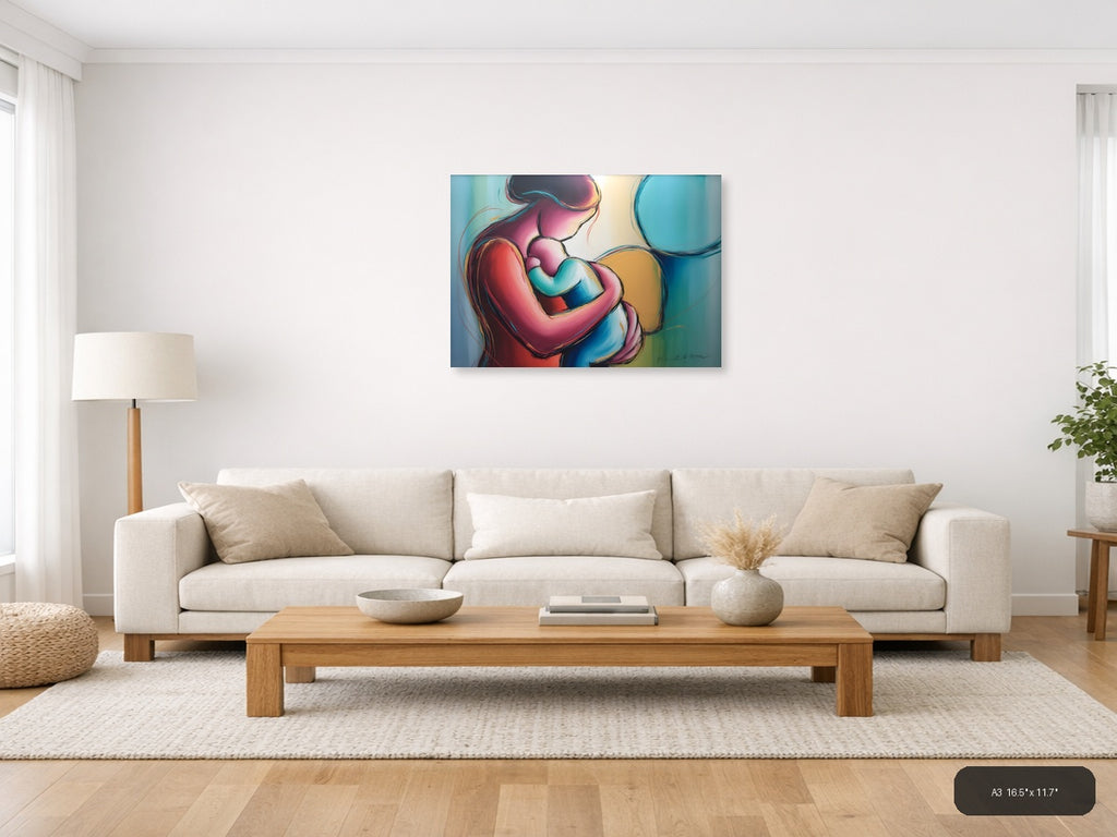 Colorful Abstract Mother and Child Embrace Wall Art — A3 / Living Room