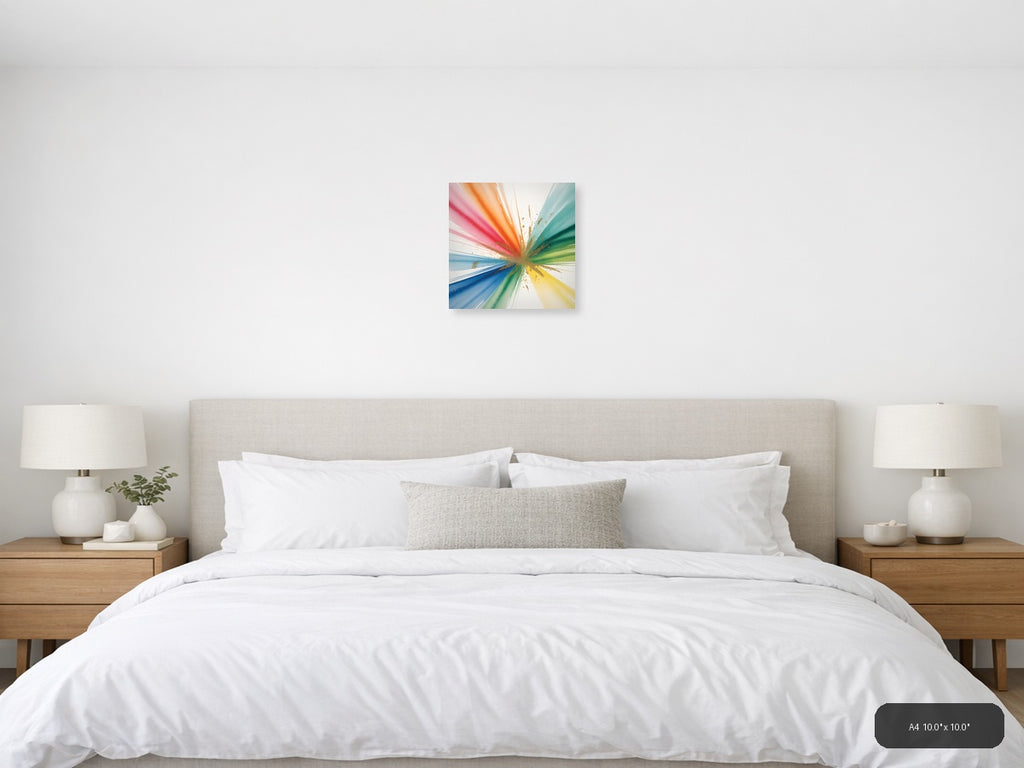 Rainbow Watercolor Burst with Gold Splatter Wall Art — A4 / Bedroom