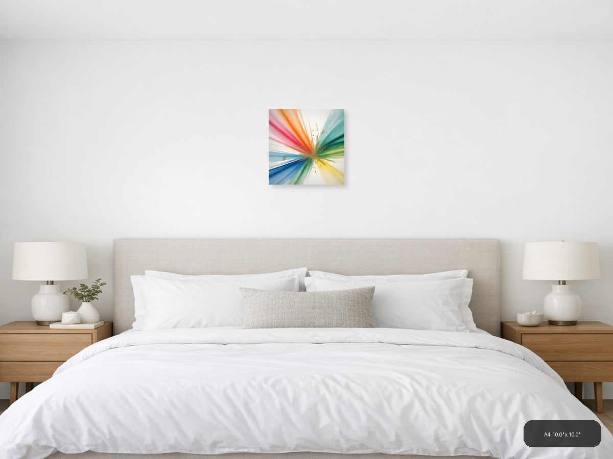 Rainbow Watercolor Burst with Gold Splatter Wall Art — A4 / Bedroom