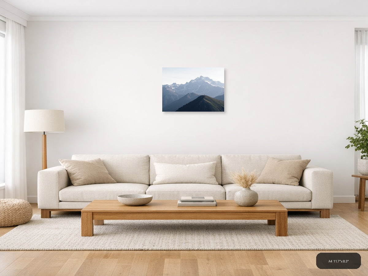 Solitary Hiker Mountain Peak Landscape | Minimalist Canvas Wall Art — A4 (Living Room)