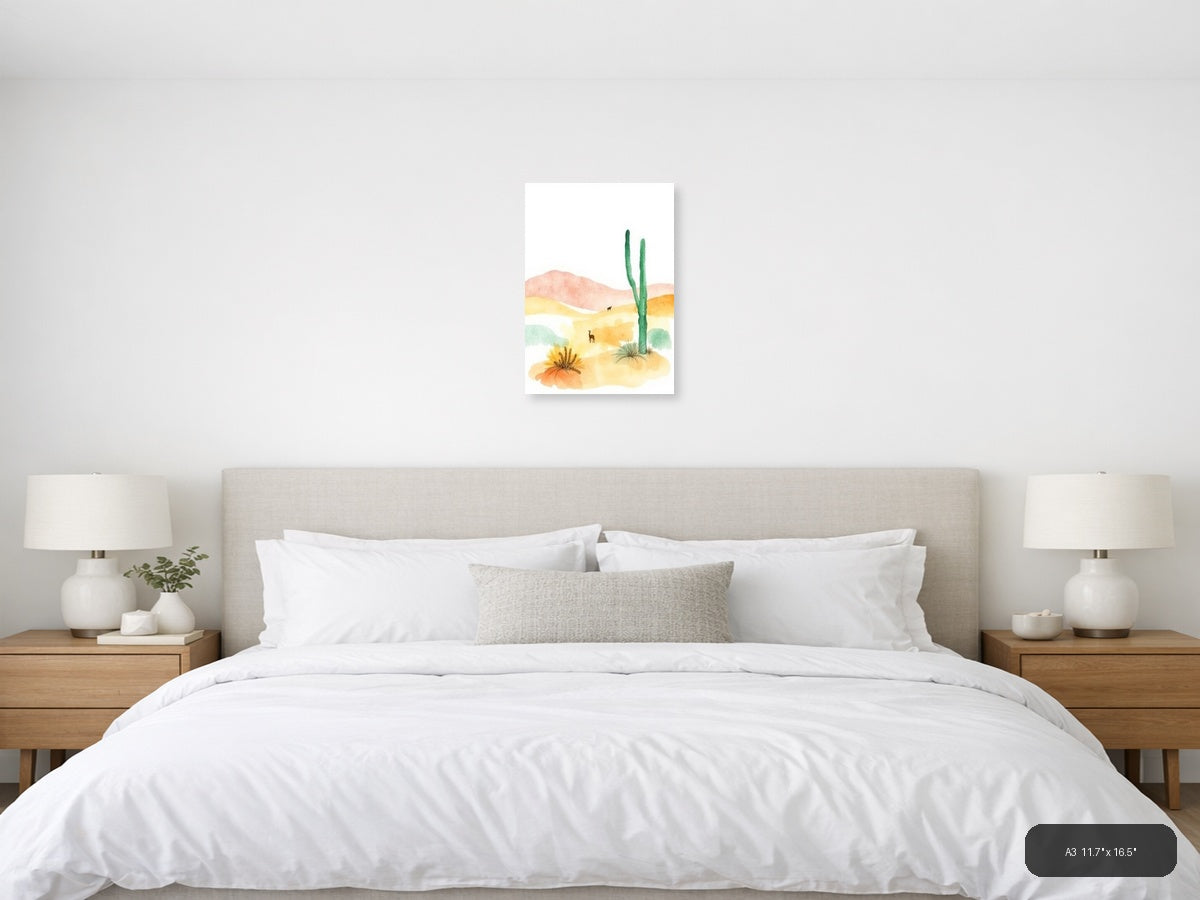 Desert Landscape with Cactus Watercolor Wall Art — A3 / Bedroom