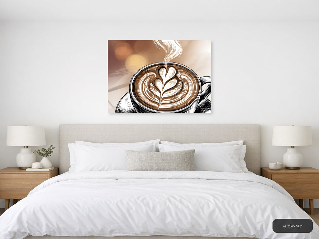 Latte Art Line Art - Coffee Cup with Heart Design Wall Art — A2 / Bedroom
