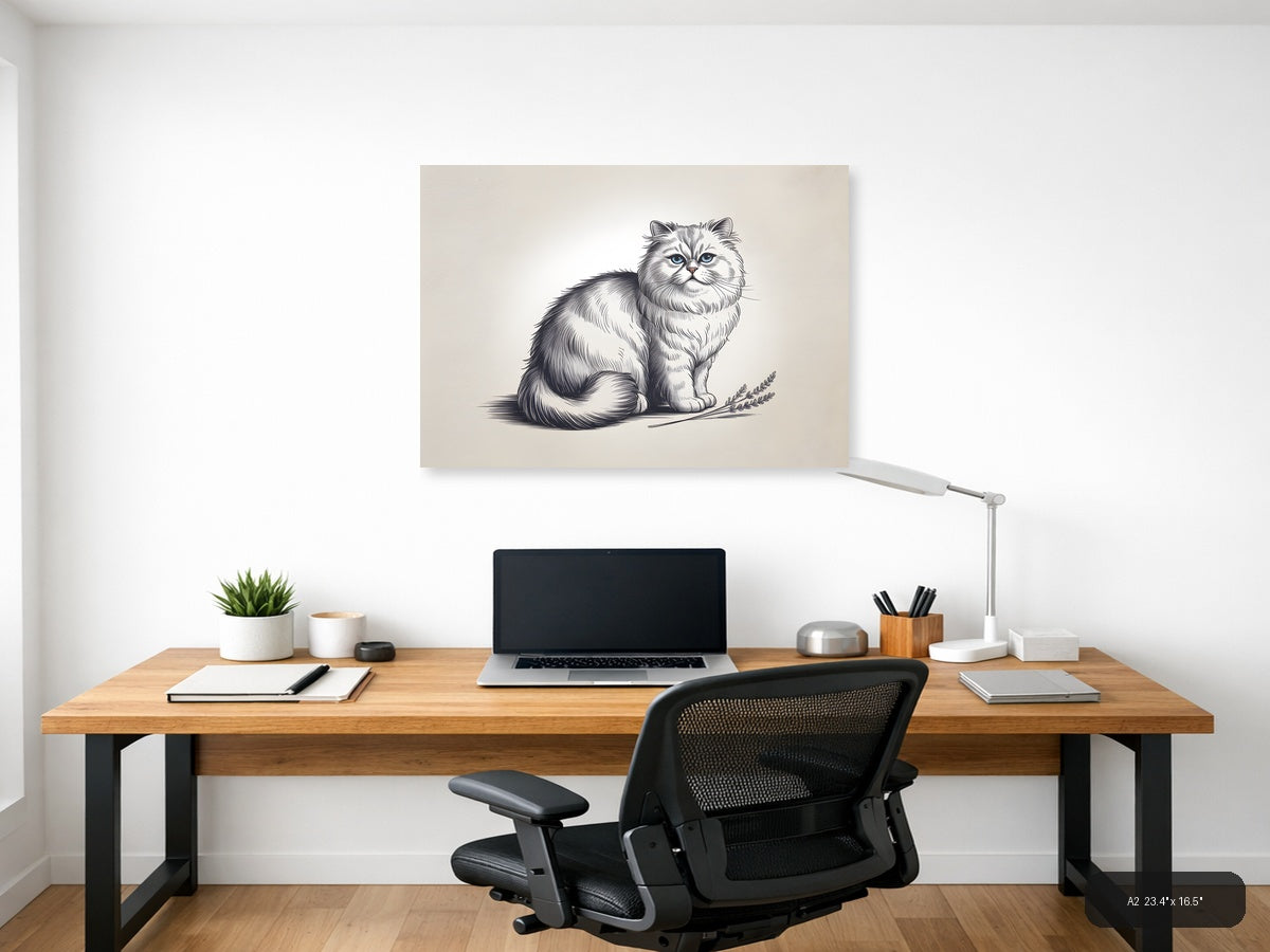 Fluffy Long-Haired Cat with Wheat Line Art Wall Art — A2 / Office