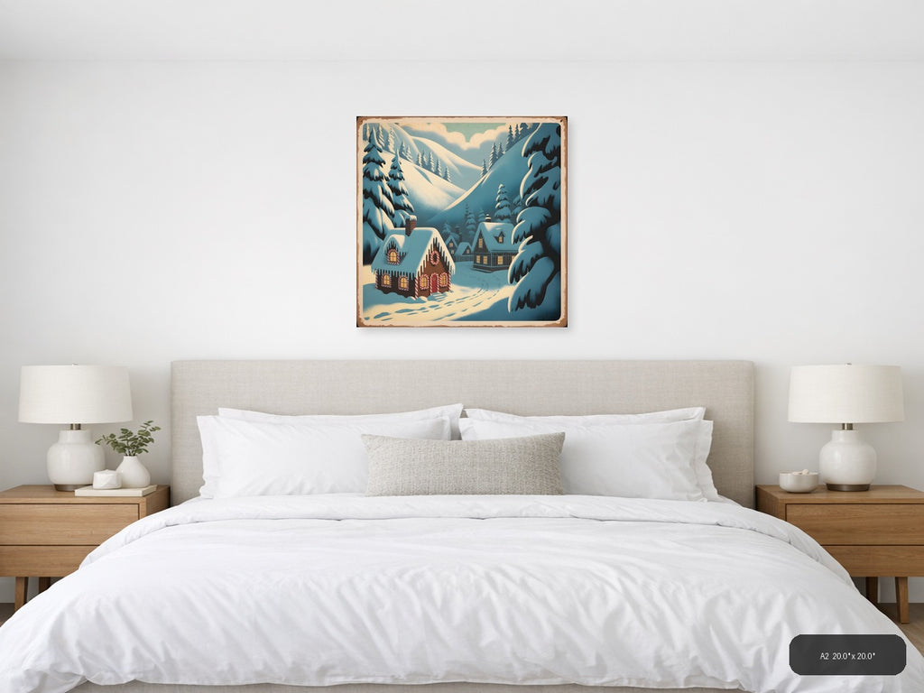 Vintage Gingerbread House Winter Mountain Scene Wall Art — A2 / Bedroom