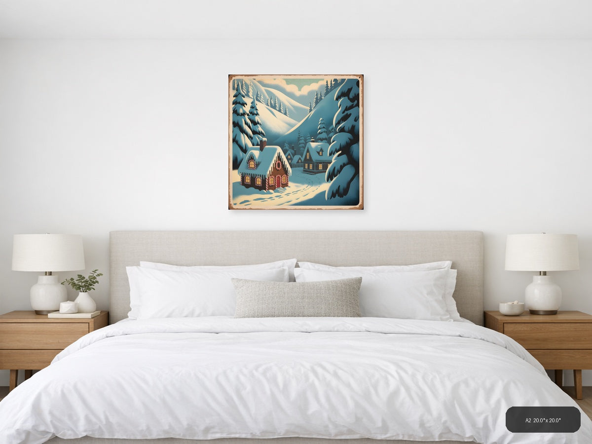 Vintage Gingerbread House Winter Mountain Scene Wall Art — A2 / Bedroom