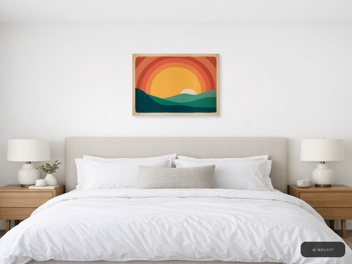 Vintage Retro Sunset Landscape Illustration Wall Art — A3 / Bedroom