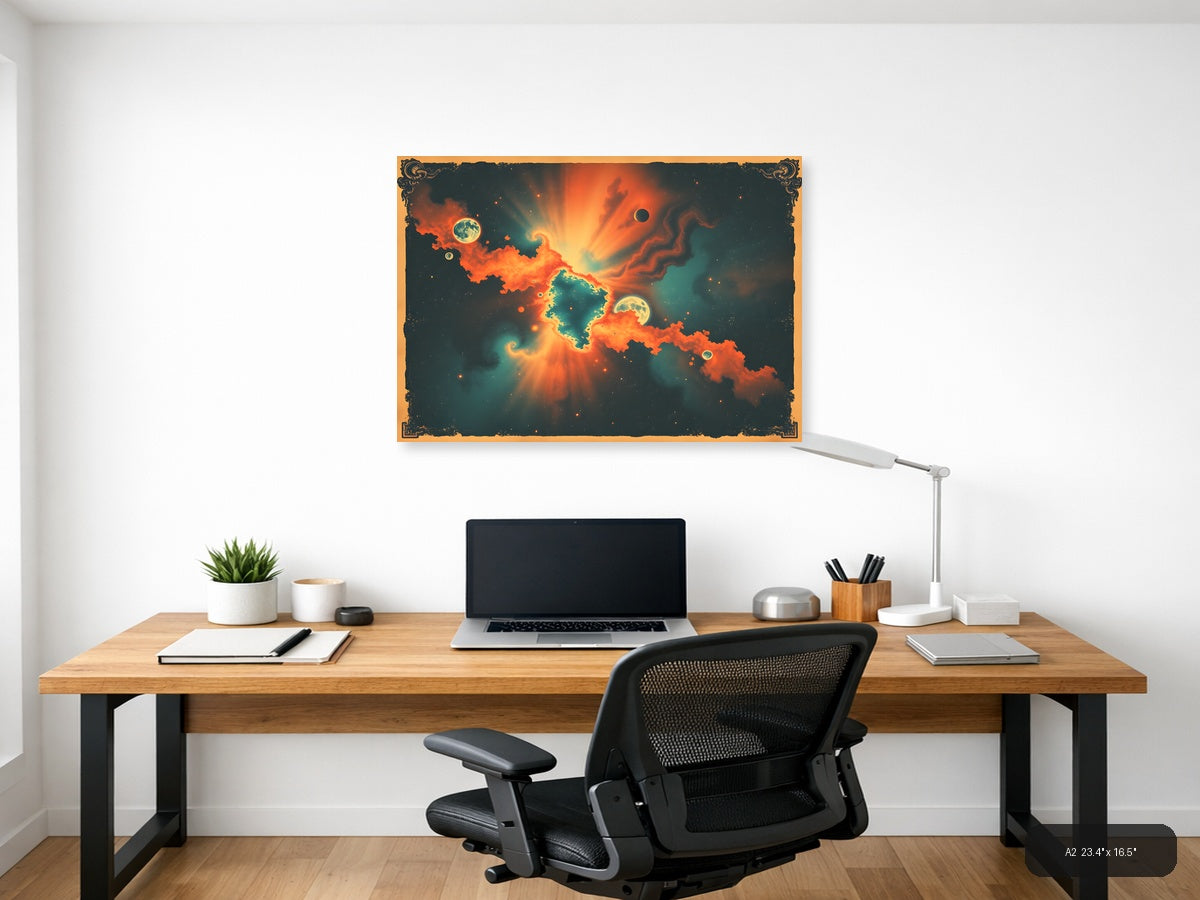Vintage Cosmic Nebula with Planets - Orange Teal Wall Art — A2 / Office