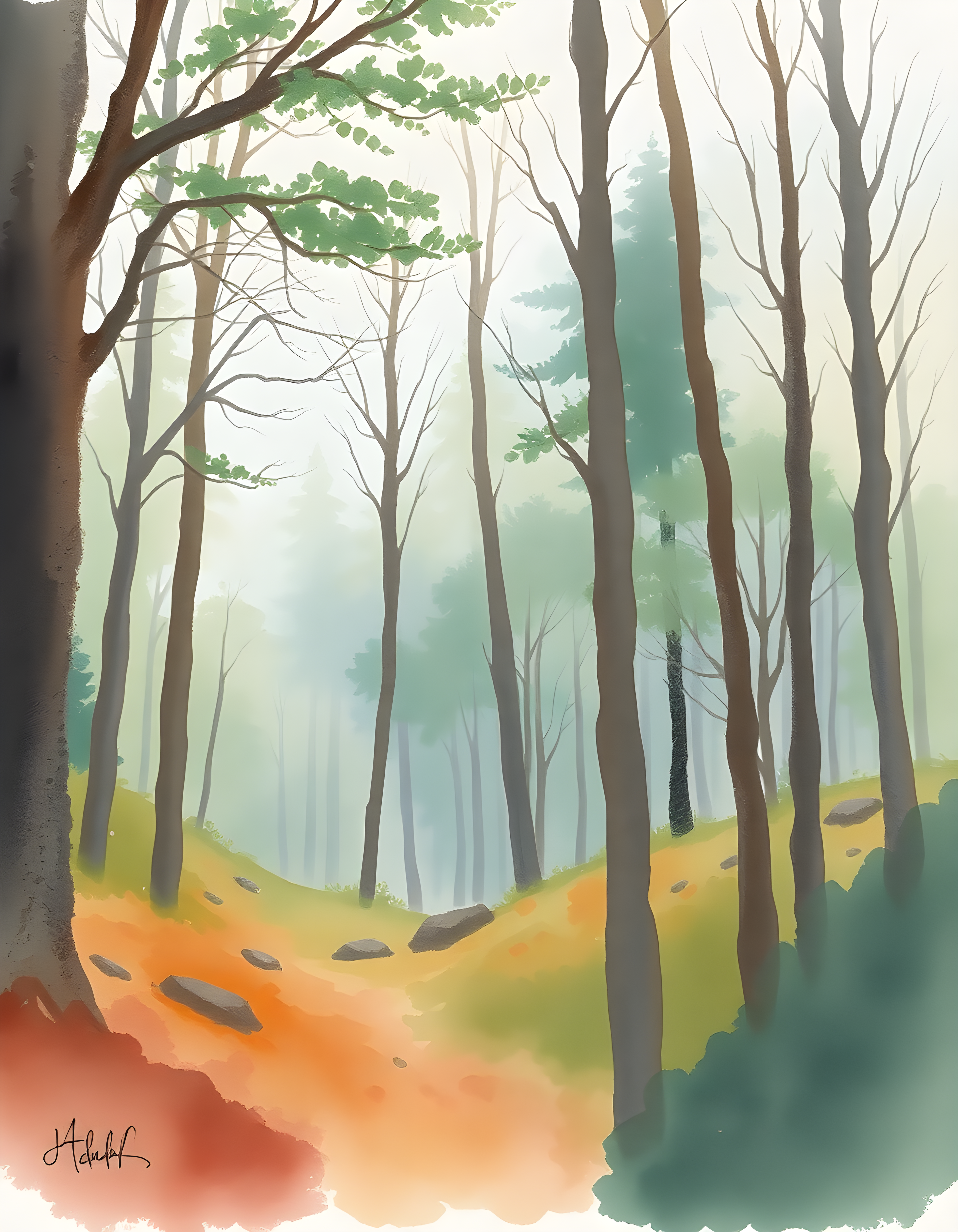 Misty Forest Path Watercolor Wall Art