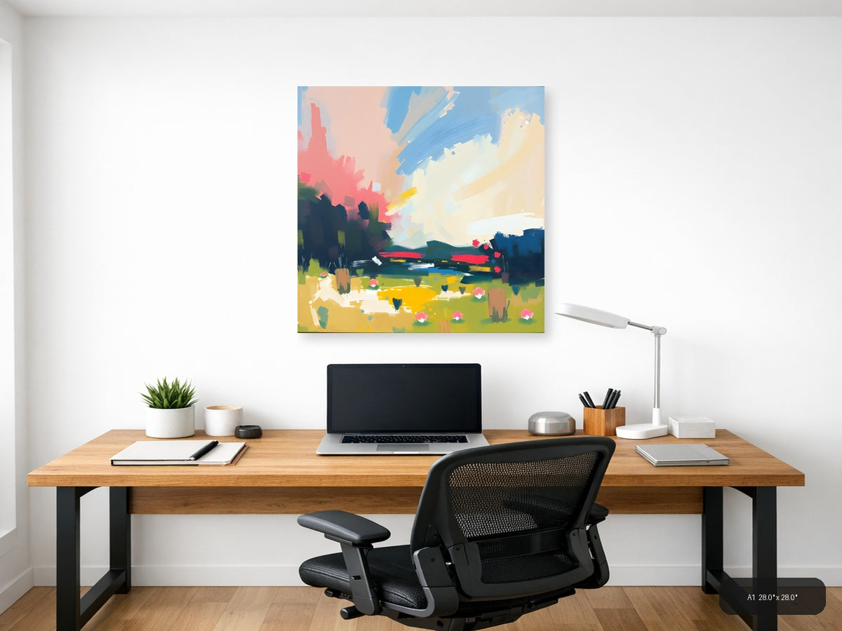 Abstract Landscape with Pink Sky & Green Fields Wall Art — A1 / Office