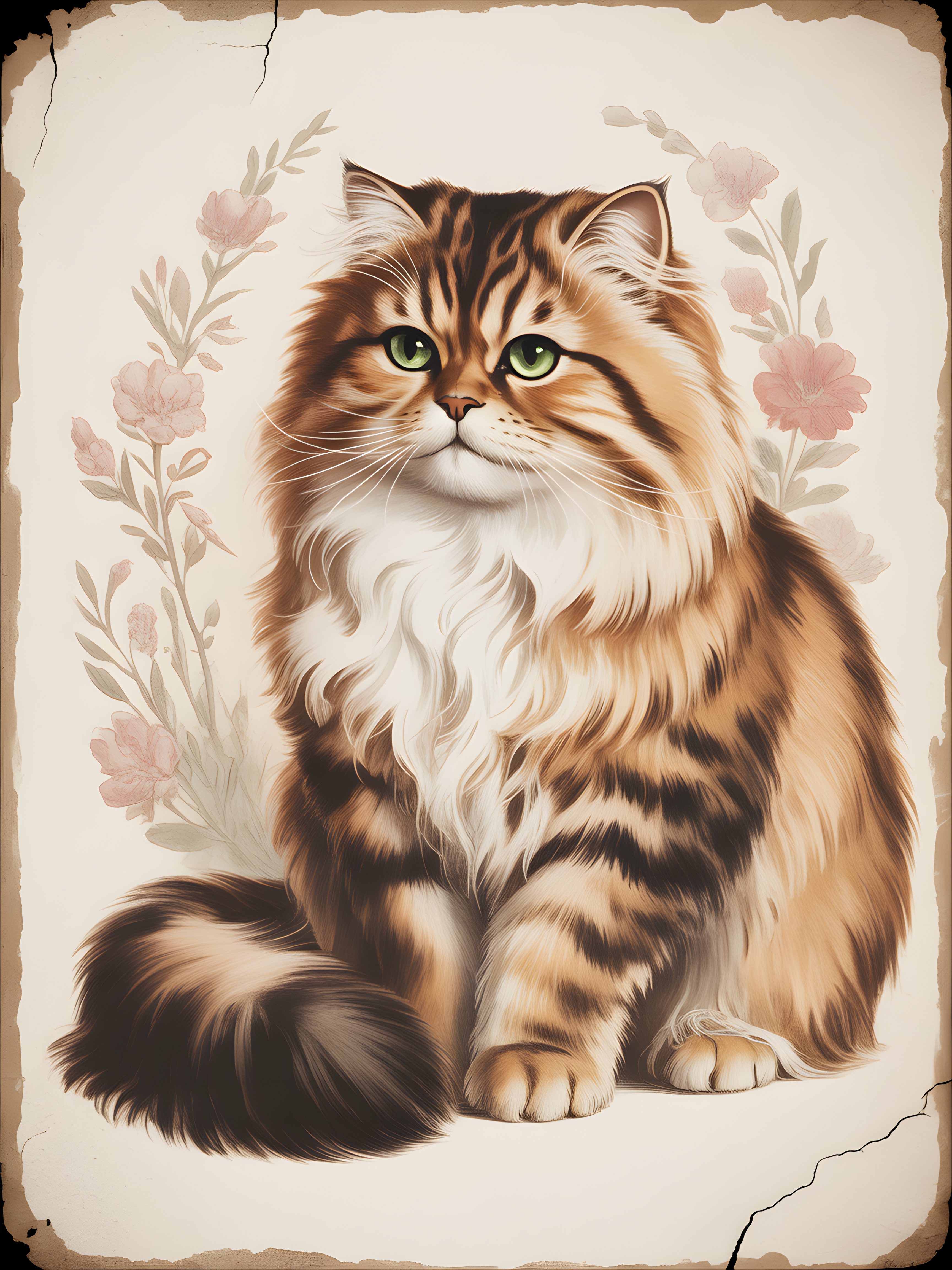 Vintage Brown Tabby Cat Portrait with Flowers Wall Art