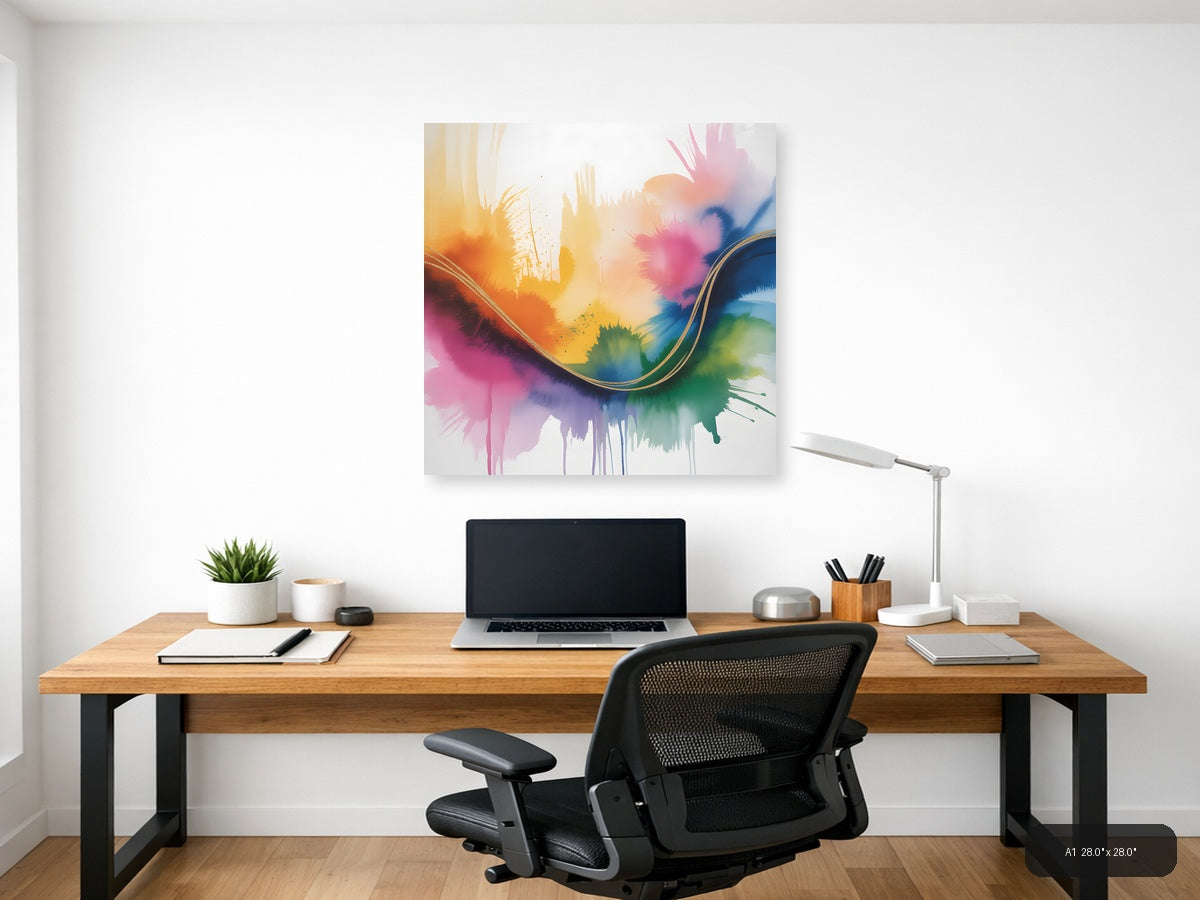Colorful Watercolor Abstract Wave with Gold Line Wall Art — A1 / Office