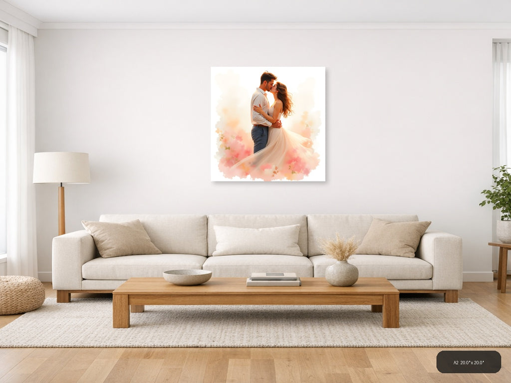 Romantic Couple Kissing Watercolor Wall Art — A2 / Living Room