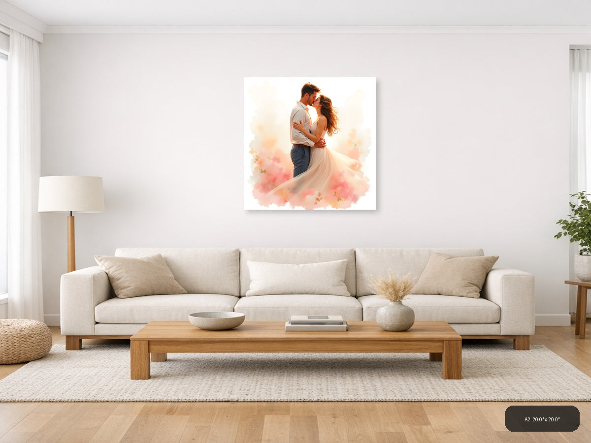 Romantic Couple Kissing Watercolor Wall Art — A2 / Living Room