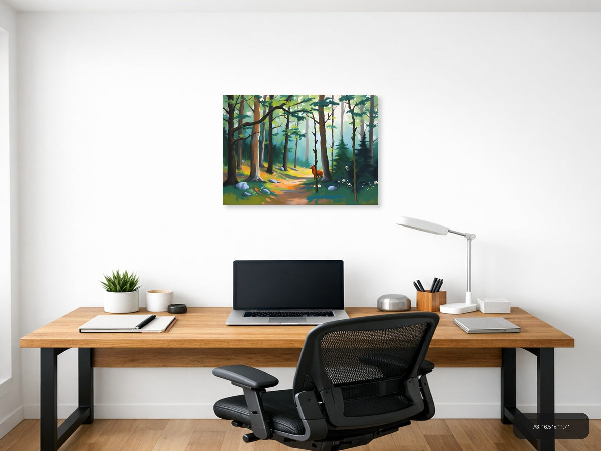 Forest Path with Red Fox - Abstract Landscape Wall Art — A3 / Office