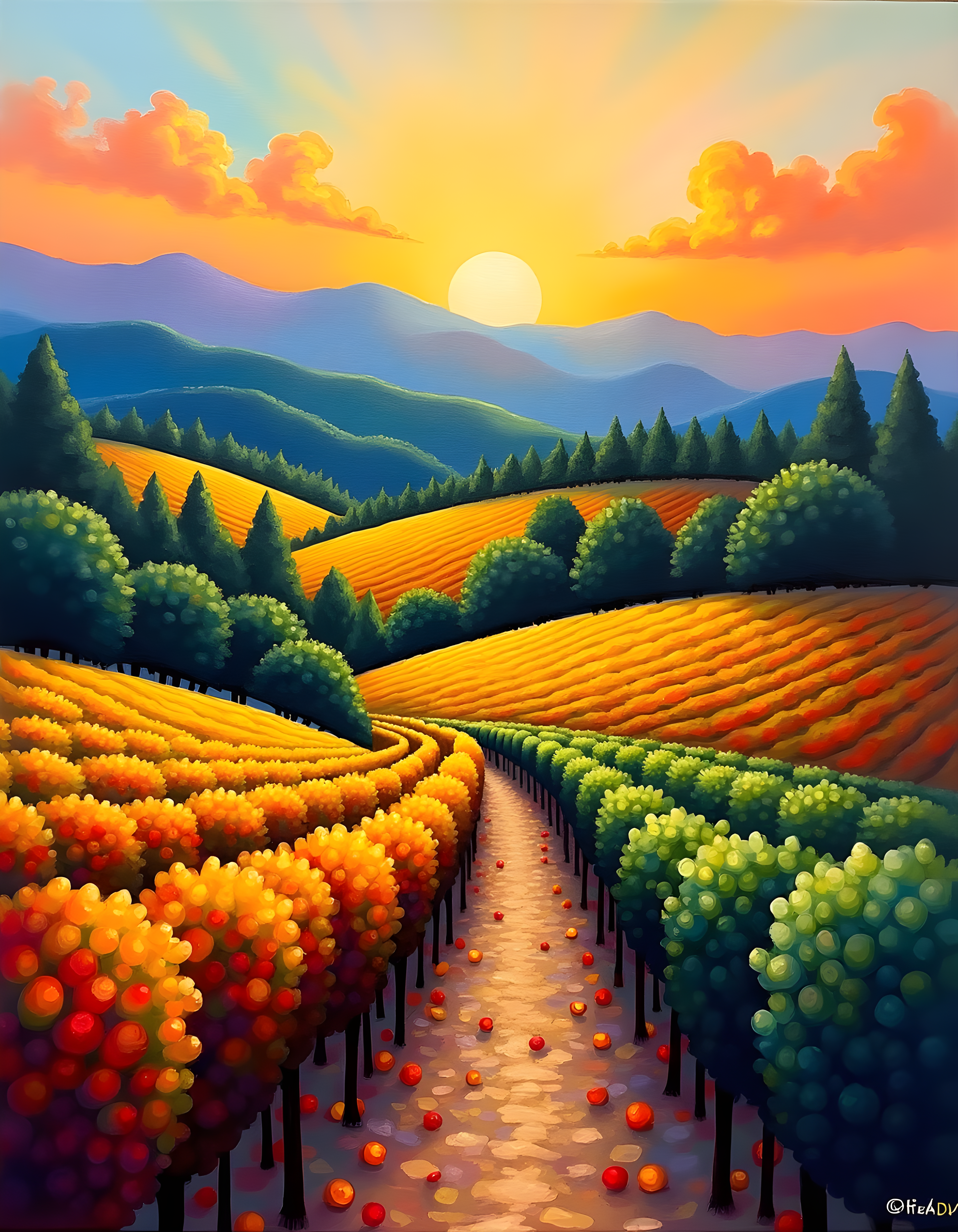 Sunset Vineyard Landscape Abstract Wall Art