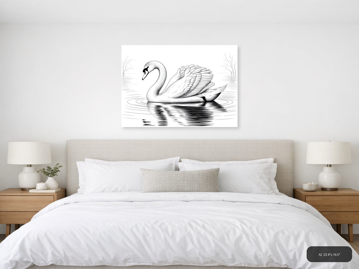 Elegant Swan Line Art Drawing - Black & White Wall Art — A2 / Bedroom