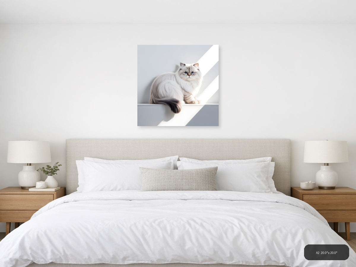 Minimalist White Cat with Blue Eyes Square Wall Art — A2 / Bedroom