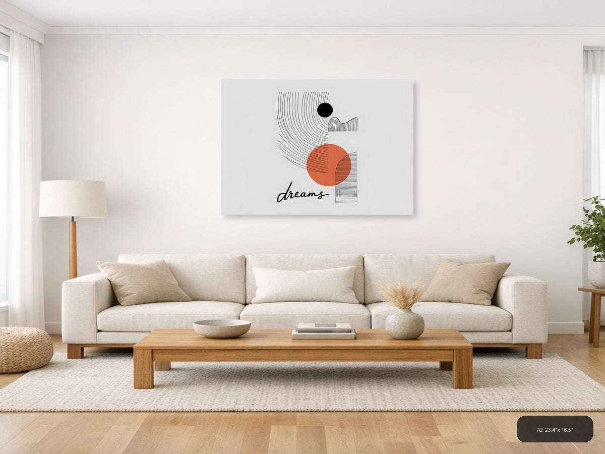 Abstract Dreams Line Art with Orange Circle Wall Art — A2 / Living Room