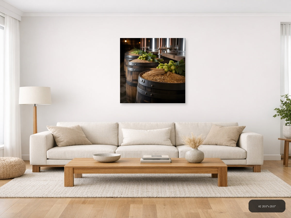 Brewery Barrels with Hops and Grain Photography Wall Art — A2 / Living Room