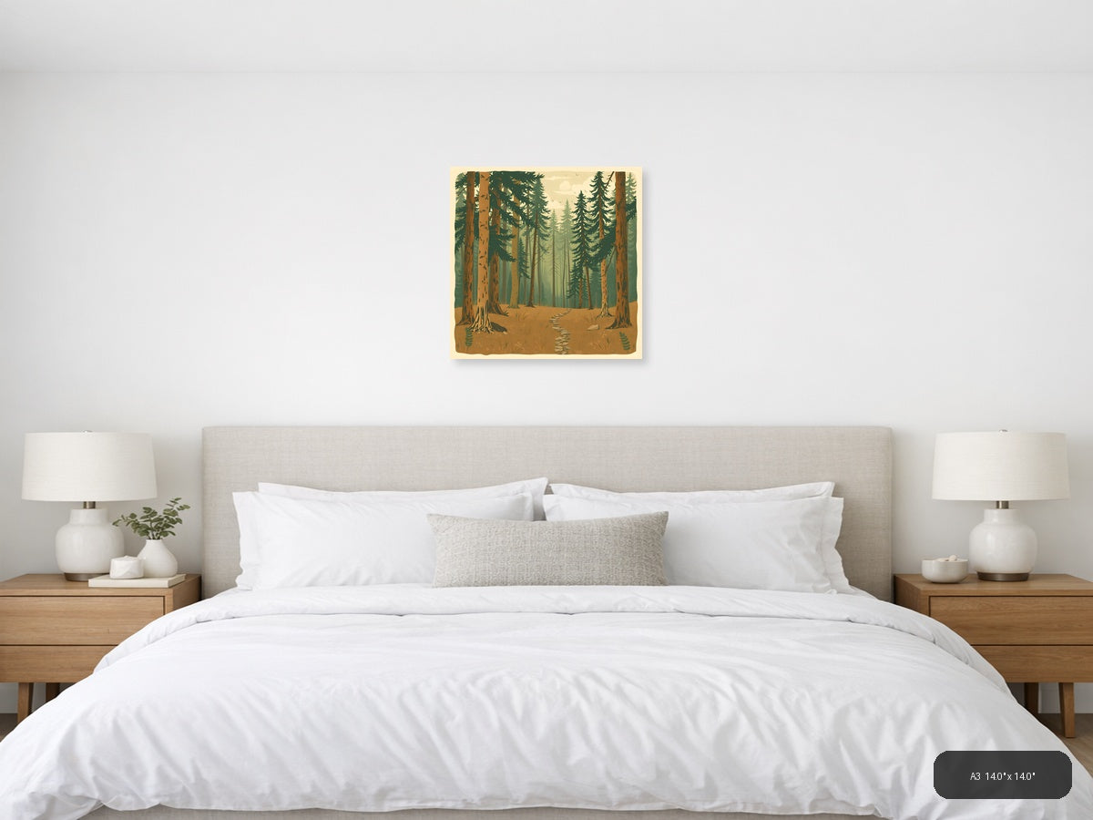 Vintage Forest Path Through Tall Pine Trees Wall Art — A3 / Bedroom