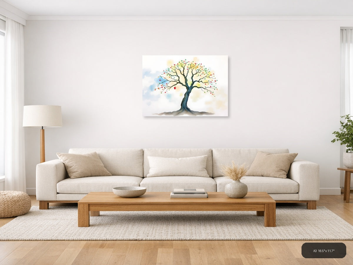 Watercolor Autumn Tree with Colorful Fruits Wall Art — A3 / Living Room