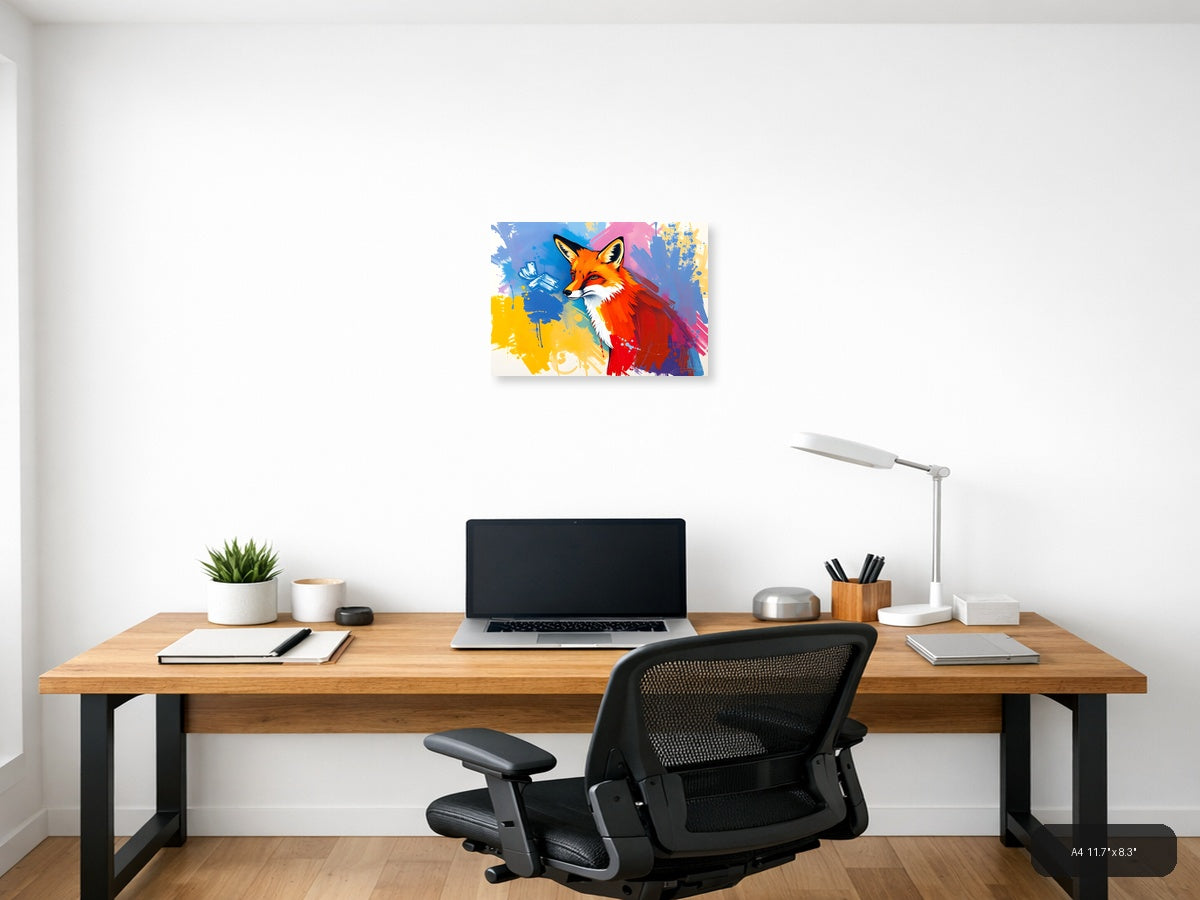 Vibrant Abstract Fox Portrait Splash Wall Art — A4 / Office