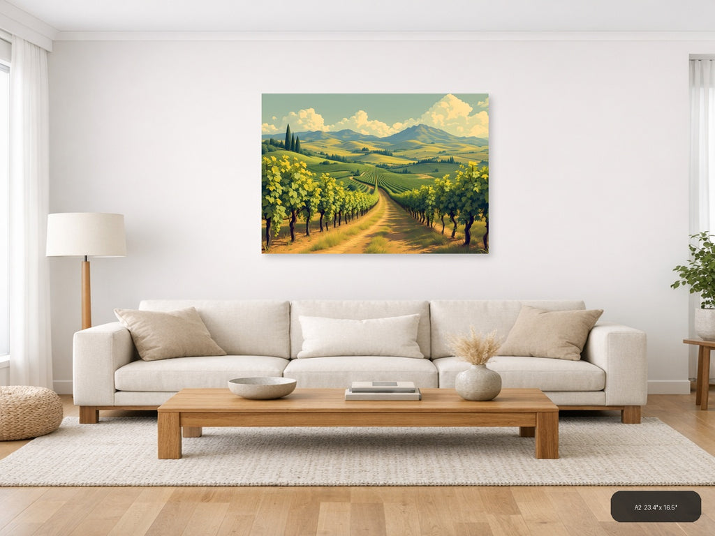 Vintage Tuscan Vineyard Landscape with Mountains Wall Art — A2 / Living Room