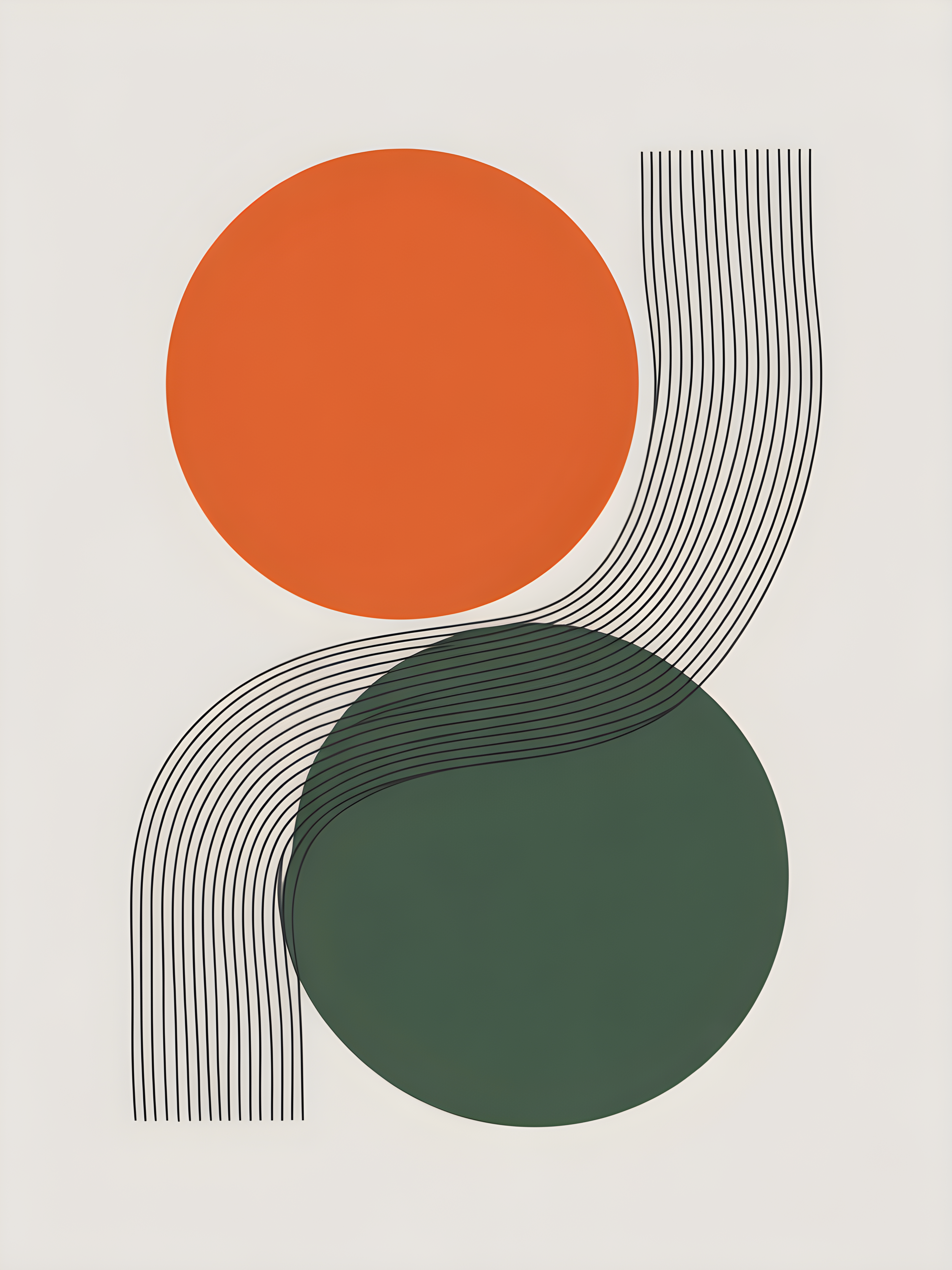 Orange and Green Circles with Line Art Curves Wall Art