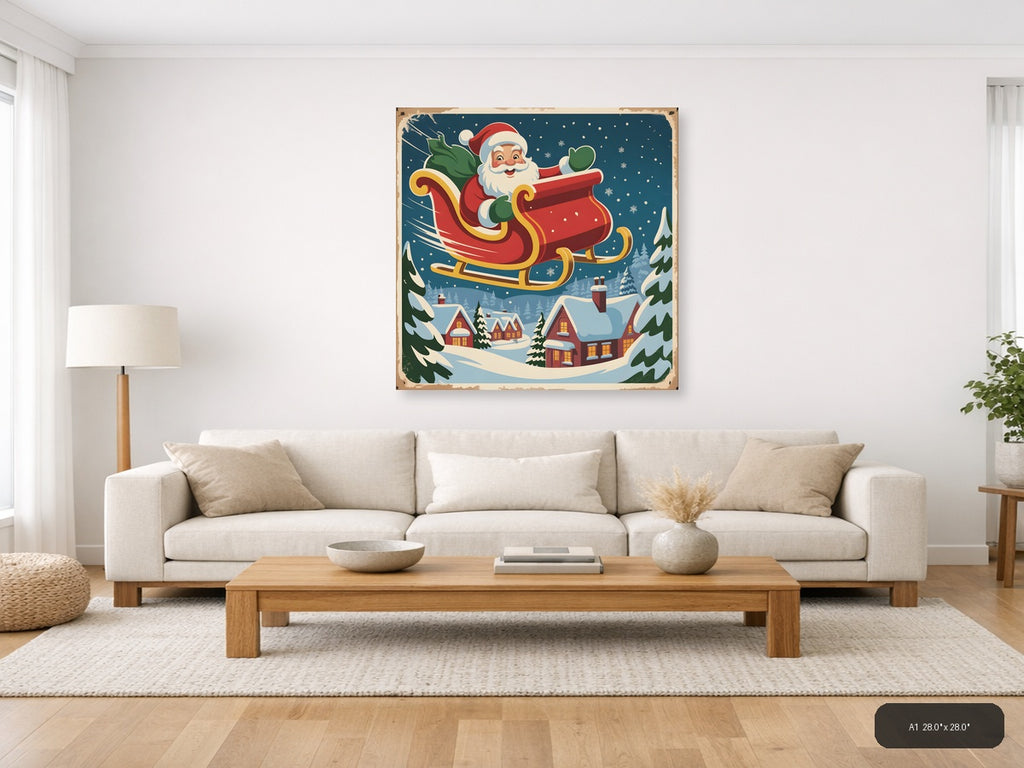 Vintage Santa Sleigh Christmas Night Sky Wall Art — A1 / Living Room