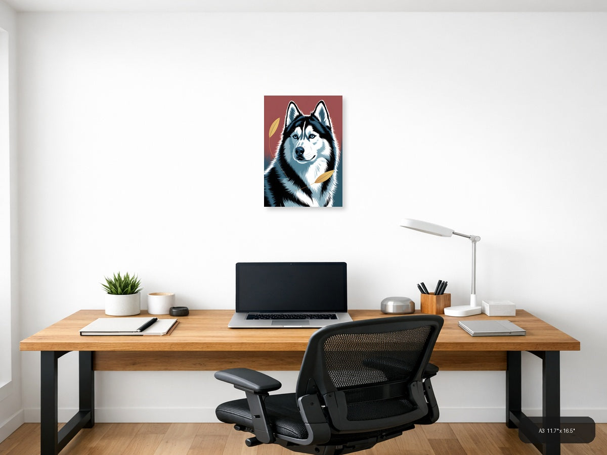 Black and White Husky Portrait with Gold Leaves Wall Art — A3 / Office