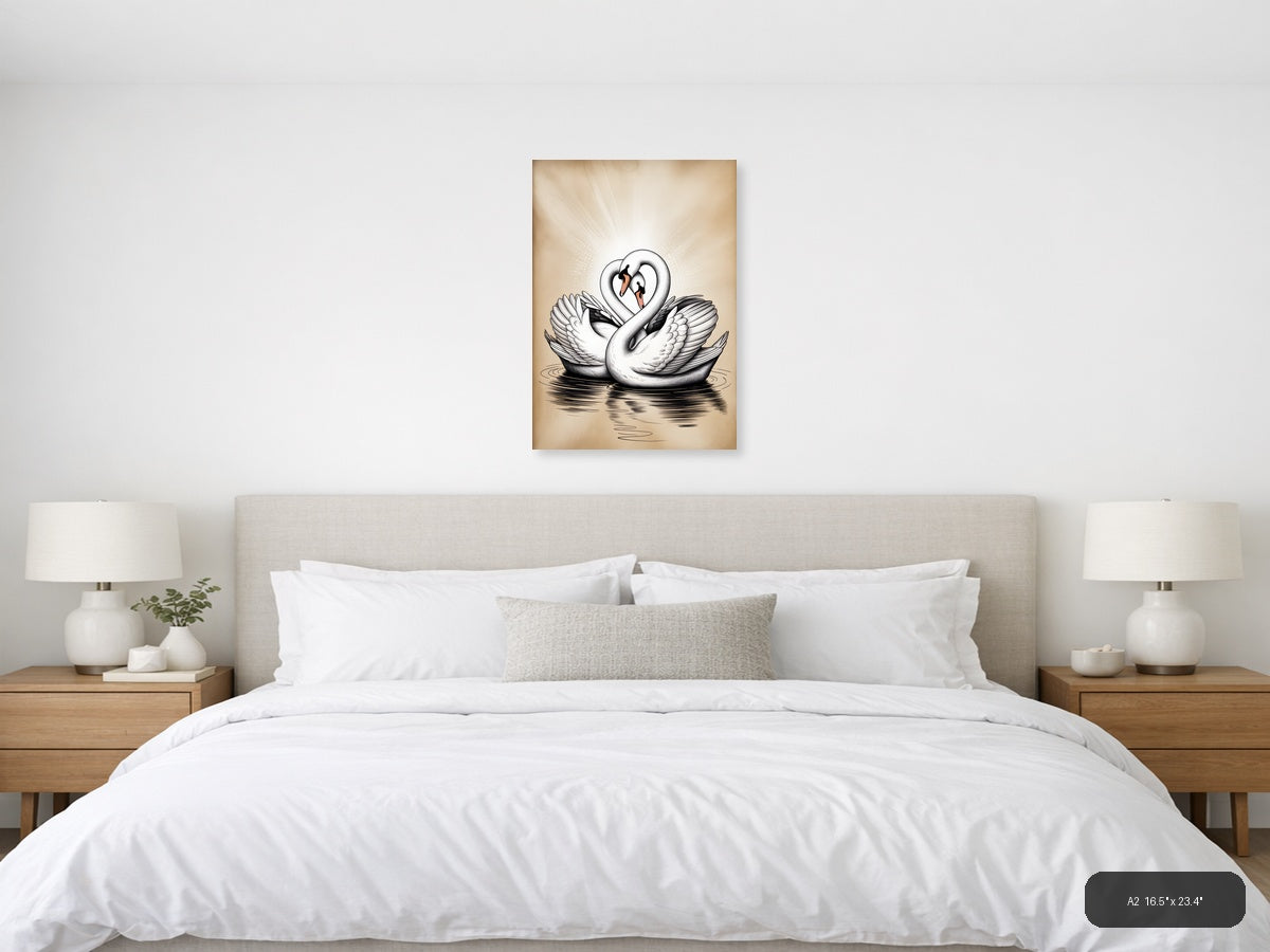 Two Swans Heart Shape Line Art Wall Art — A2 / Bedroom