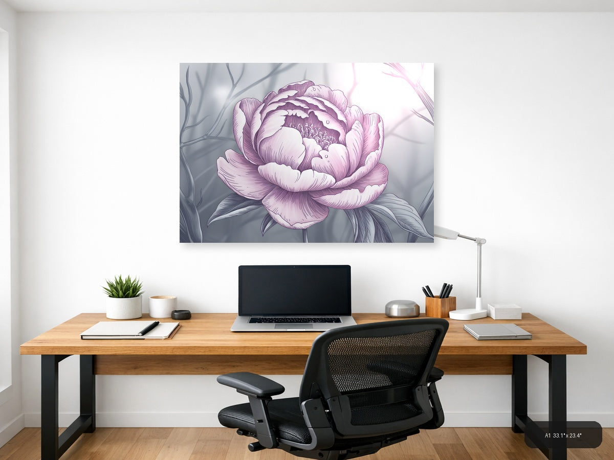 Pink Peony Line Art Illustration Wall Art — A1 / Office