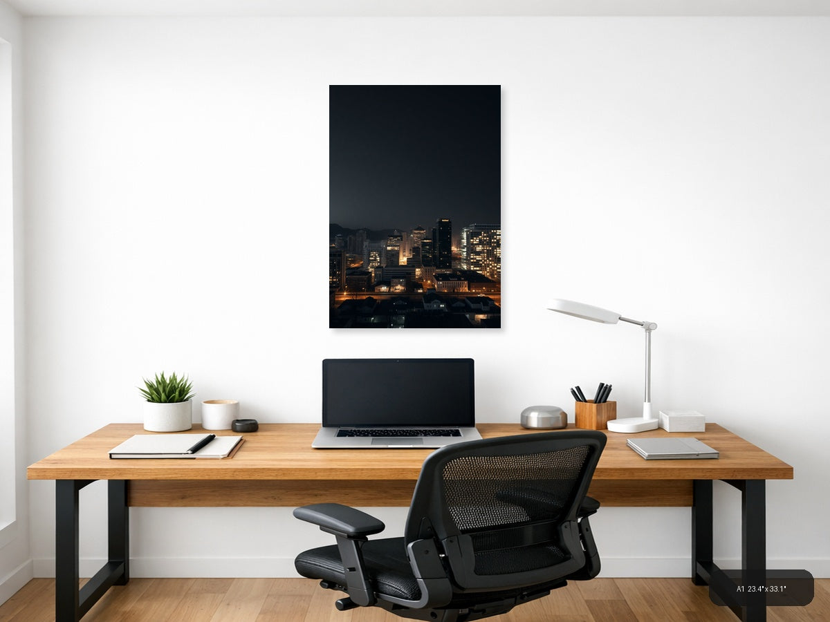 Urban Skyline at Dusk with Golden City Lights | Minimalist Wall Art — A1 (Office)