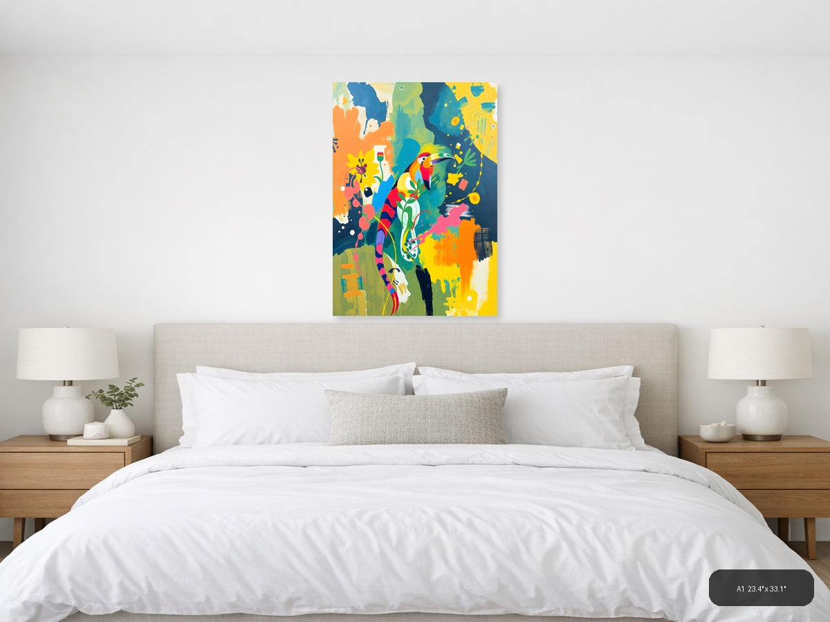 Vibrant Toucan & Floral Abstract Portrait Wall Art — A1 / Bedroom