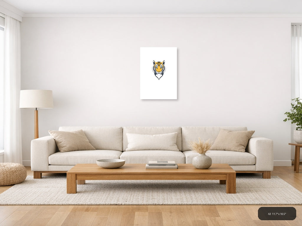 Minimalist Tiger Head Portrait Yellow & Black Wall Art — A3 / Living Room