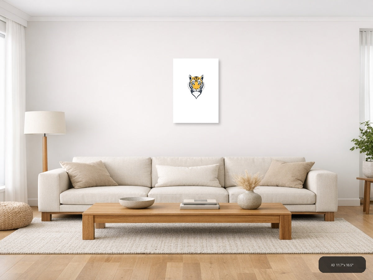 Minimalist Tiger Head Portrait Yellow & Black Wall Art — A3 / Living Room