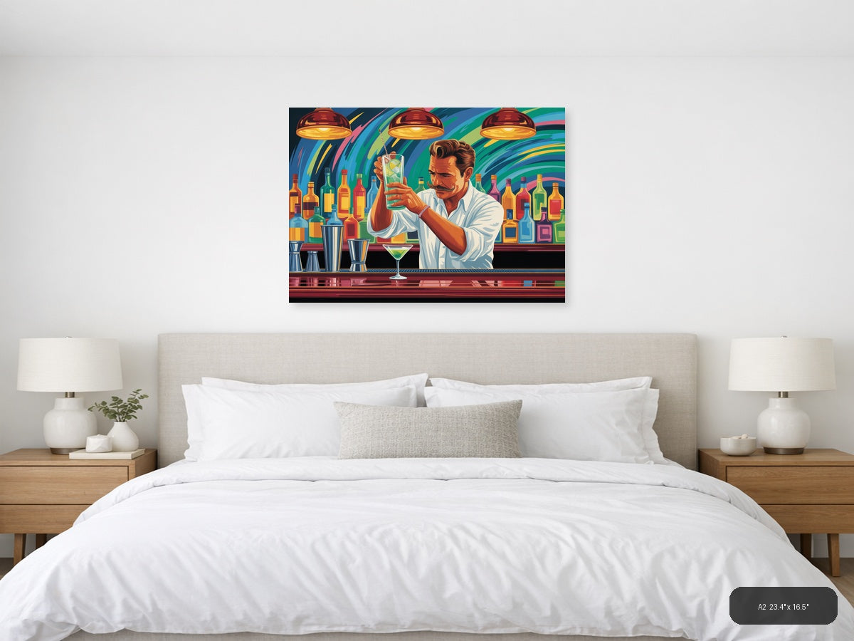 Vibrant Bartender Portrait Abstract Colorful Wall Art — A2 / Bedroom