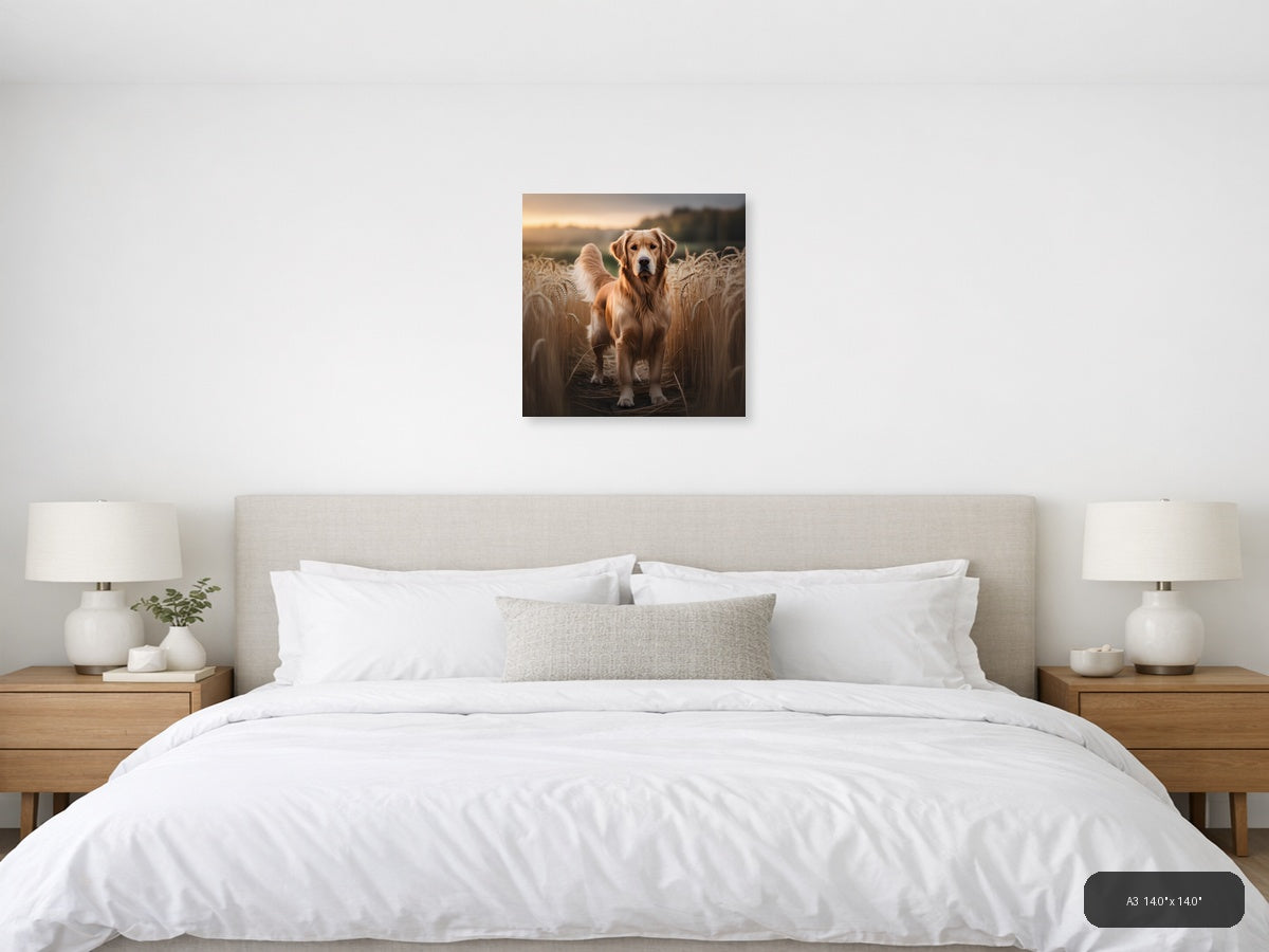 Golden Retriever in Wheat Field at Sunset Photography Wall Art — A3 / Bedroom