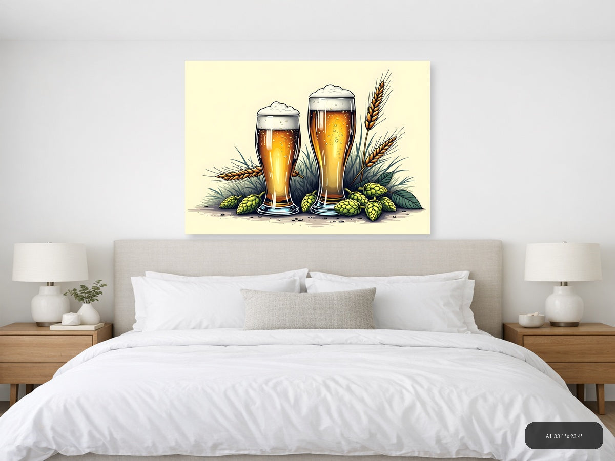 Beer Glasses with Hops and Wheat Line Art Wall Art — A1 / Bedroom