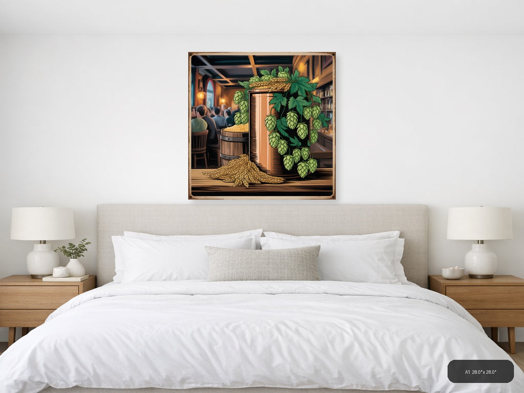 Vintage Brewery Scene with Hops & Barrel Wall Art — A1 / Bedroom