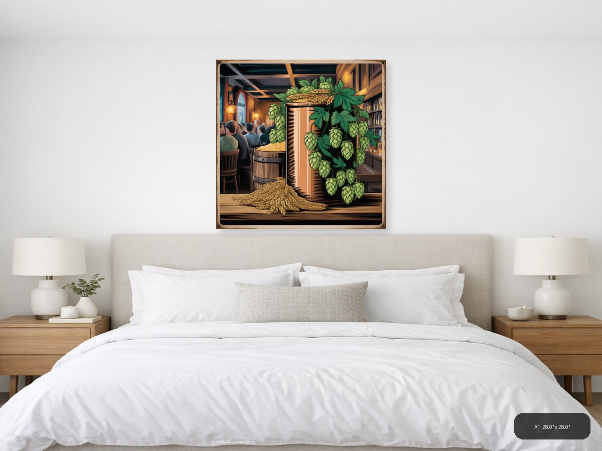 Vintage Brewery Scene with Hops & Barrel Wall Art — A1 / Bedroom